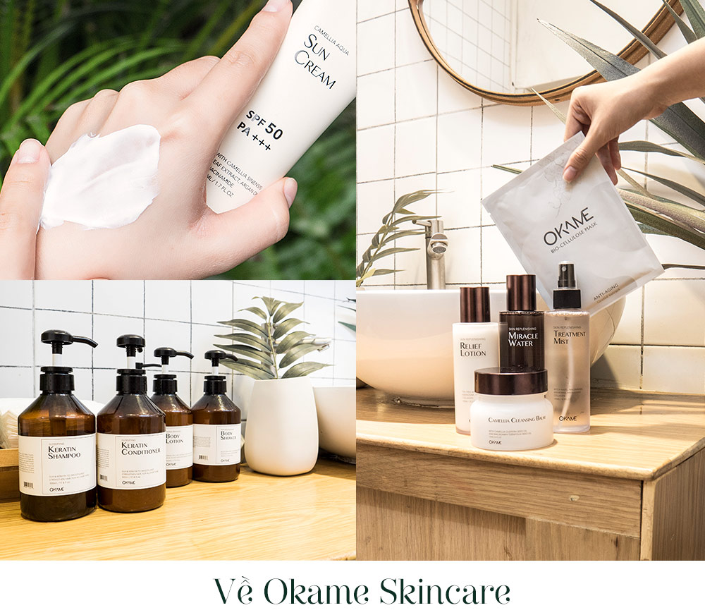Bộ sản phẩm Okame Skincare bao gồm kem chống nắng SPF 50, nước thần Miracle Water, lotion Relief, mist Treatment Mist và mặt nạ tế bào sinh học, hoàn hảo cho làn da khỏe đẹp. Khám phá trải nghiệm từ cộng đồng làm đẹp quốc tế!