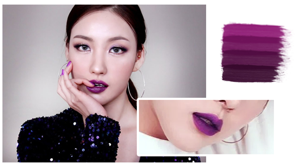 "Xinh hết phần thiên hạ" với 5 xu hướng makeup mùa lễ hội, giới thiệu phong cách trang điểm nổi bật cho mùa tiệc tùng cuối năm. Hình ảnh mẫu trang điểm với son môi màu tím quyến rũ, nổi bật trên bộ đồ lấp lánh.