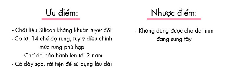 Bảng ưu điểm và nhược điểm của sản phẩm skincare được giới thiệu trong bài viết "Dưỡng da đón Tết". Sản phẩm có chất liệu Silicon, nhiều chế độ rung và bảo hành 2 năm, nhưng không thích hợp cho da mụn đang sung tấy. Khám phá kem dưỡng trắng toàn thân và các lựa chọn skincare bán chạy 2018.