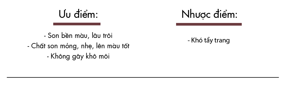 Bảng ưu nhược điểm của sản phẩm makeup nổi bật trong bài viết "[BEST CHOICE 2018] - Du xuân rạng ngời cùng những sản phẩm makeup đình đám". Sản phẩm có ưu điểm như son bền màu, lâu trôi, chất son mỏng nhẹ; nhược điểm là khó tẩy trang, mang lại sự tự tin cho phái đẹp.