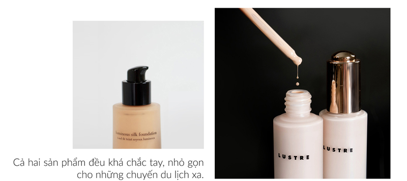 So sánh Giorgio Armani Luminous Silk Foundation với Lustre Pro Flawless Matte Foundation. Cả hai kem nền đều nhỏ gọn, che phủ tốt, thích hợp cho du lịch, cùng chất chứa squalane oil và micro powder.