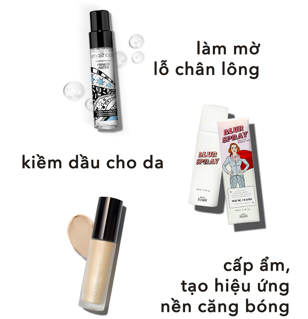 5 bí kíp của makeup artist giúp lớp nền bền đẹp ngày Tết. Sản phẩm bao gồm: Primer Water giúp làm mờ lỗ chân lông, Blur Spray kiềm dầu cho da, và lớp nền tạo hiệu ứng căng bóng.