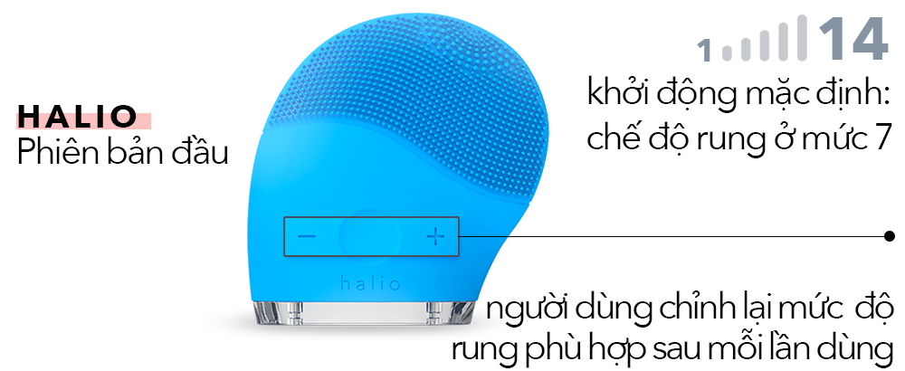 Máy rửa mặt Halio phiên bản đầu, chi tiết chế độ rung mặc định ở mức 7 và khả năng điều chỉnh của người dùng, là sản phẩm lý tưởng cho việc làm sạch da, phù hợp cho làn da nhạy cảm, so sánh với Halio Sensitive.