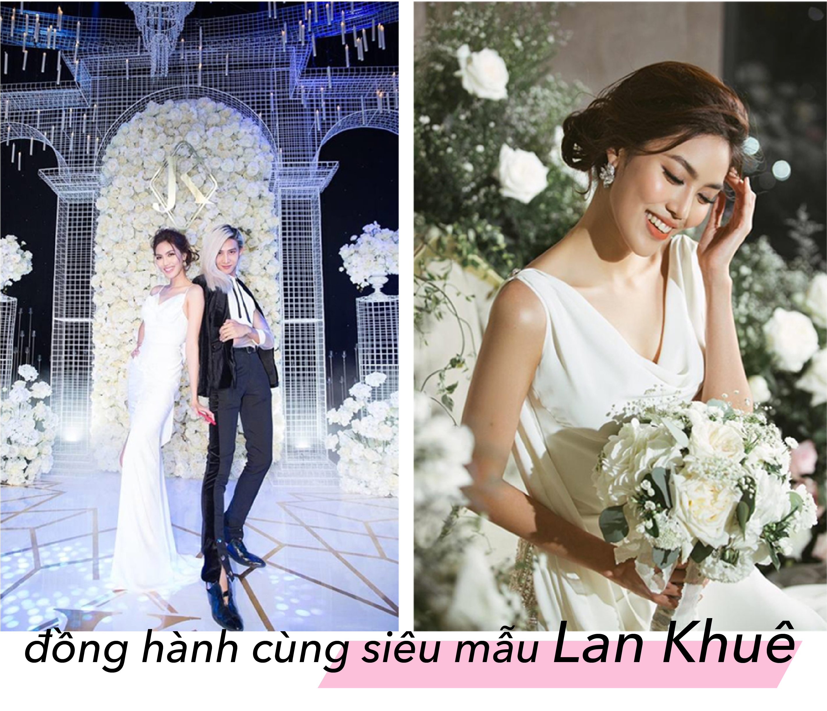 Hình ảnh sự kiện với hai người mẫu, một người là Beauty Boy và một siêu mẫu Lan Khuê. Beauty Boy thể hiện phong cách làm đẹp đầy sáng tạo, cùng với sự tự tin và đam mê. Cảnh vật xung quanh trang trí với hoa trắng, tạo nên không gian lãng mạn, phù hợp với chủ đề làm đẹp.