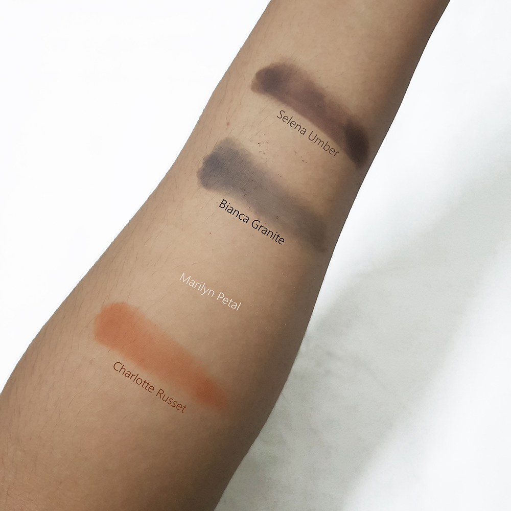 Swatch của bốn màu sắc từ bộ mỹ phẩm LUSTRE Make-Up: Selena Umber, Bianca Granite, Marilyn Petal, và Charlotte Russet. Bài viết giới thiệu các sản phẩm giúp tạo nên vẻ đẹp tự nhiên, lý tưởng cho trang điểm hàng ngày.