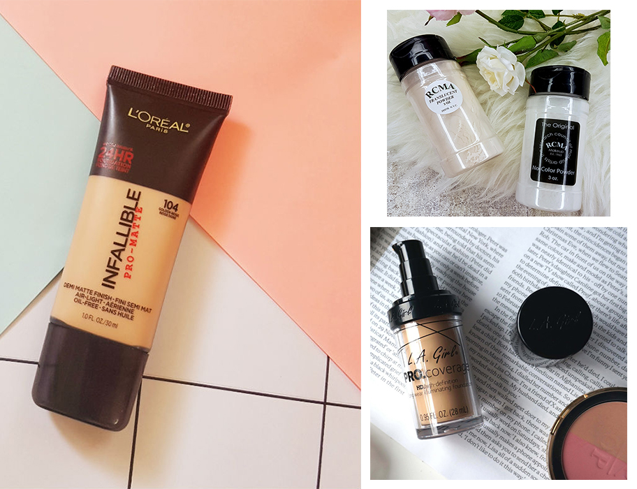 Bộ sản phẩm trang điểm gồm kem nền L'Oréal Infallible Pro-Matte và phấn không màu RCMA, giúp bạn thực hiện đẹp mắt kiểu makeup nổi bần bật cho lễ hội âm nhạc, theo hướng dẫn trang điểm dễ dàng.