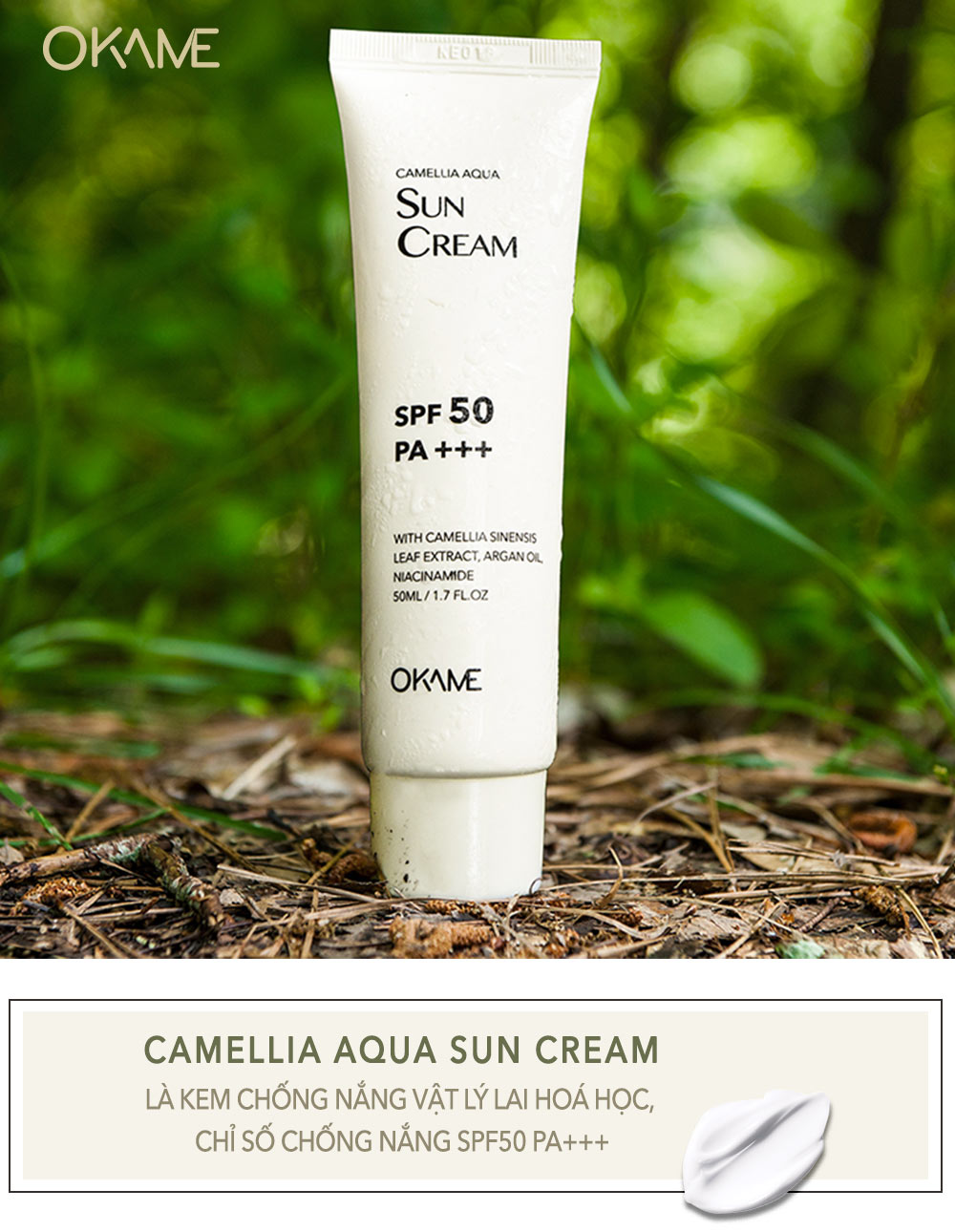 Kem chống nắng Okame Camellia Aqua Sun Cream với chỉ số SPF 50 PA+++ chứa hơn 10 loại dầu dưỡng thiên nhiên, là sự lựa chọn hoàn hảo cho mùa hè, chăm sóc làn da mềm mại và khỏe mạnh.