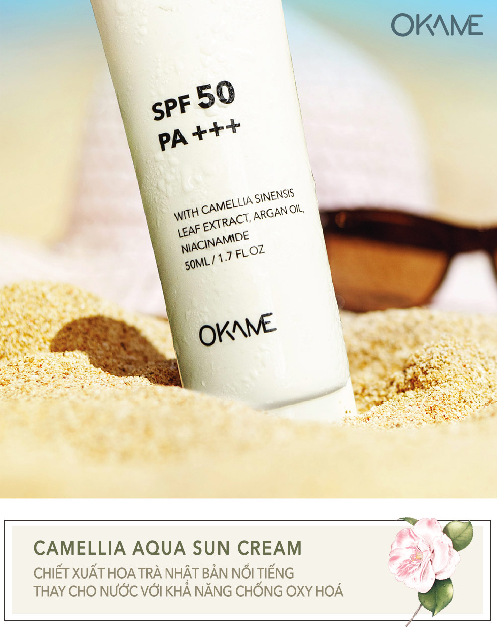 kem chống nắng Okame Camellia Aqua Sun Cream với chỉ số SPF 50 PA +++ và hơn 10 loại dầu dưỡng, mang lại khả năng bảo vệ tuyệt vời cho mọi làn da. Đây là sản phẩm kem chống nắng tốt nhất cho mùa hè, phù hợp với xu hướng OKAME Skincare.