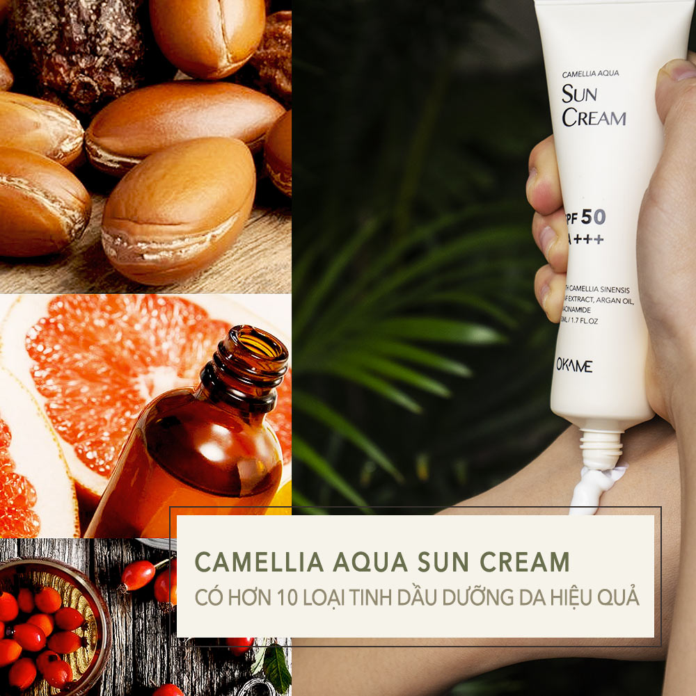 Okame Camellia Aqua Sun Cream với SPF 50+++ có hơn 10 loại tinh dầu dưỡng da, cung cấp khả năng chống nắng lý tưởng và bảo vệ làn da. Đây là kem chống nắng tốt nhất mùa hè, lý tưởng cho mọi loại da, thành phần thiên nhiên an toàn, phù hợp với mọi cô gái.