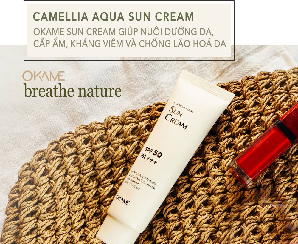 Kem chống nắng Okame Camellia Aqua Sun Cream với chỉ số SPF 50 PA+++ giúp nuôi dưỡng da, cấp ẩm, kháng viêm và chống lão hóa da, chứa hơn 10 loại dầu dưỡng thiên nhiên, là sản phẩm kem chống nắng tốt nhất cho mùa hè.