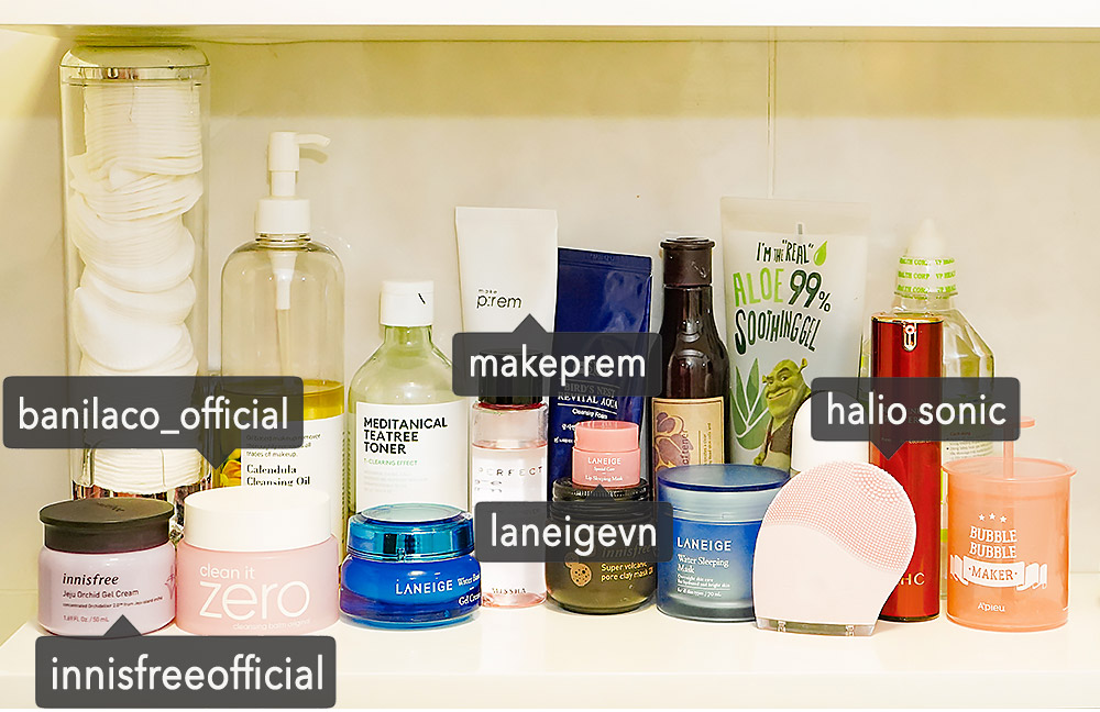Bộ sưu tập sản phẩm chăm sóc da từ nhiều thương hiệu nổi tiếng, bao gồm Banila Co, Innisfree, Laneige, và Halio Sonic, thể hiện thói quen làm đẹp và phong cách sống của người dùng hiện đại.