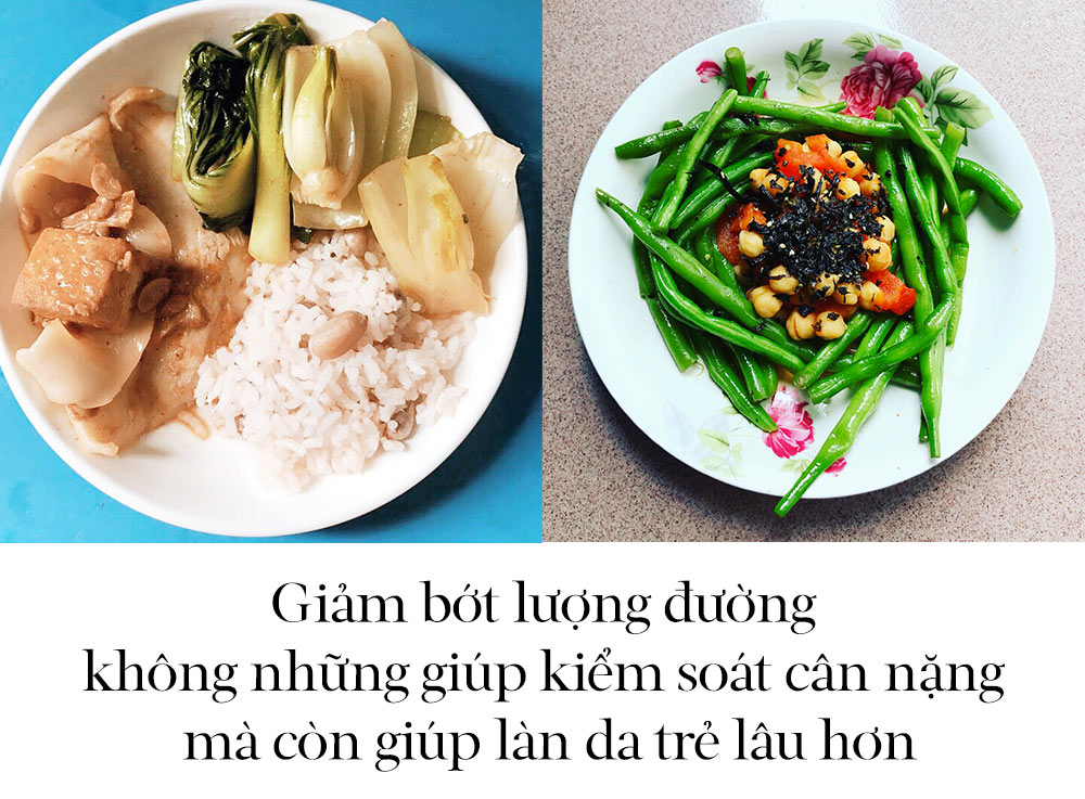 Hình ảnh đồ ăn với một đĩa cơm trắng, rau xanh, và thức ăn khỏe mạnh cùng với lời khuyên từ Thuý Anh về việc giảm bớt lượng đường để kiểm soát cân nặng và làm da trẻ lâu hơn.