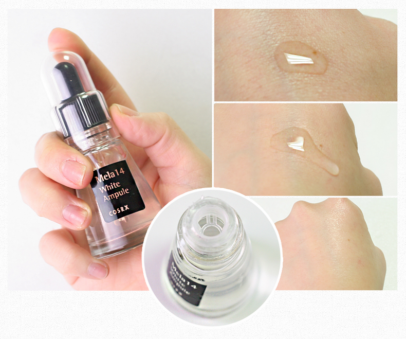 COSRX Mela14 White Ampule, sản phẩm serum dưỡng trắng giúp trị thâm và sẹo mụn hiệu quả, chứa thành phần tự nhiên giúp ngăn ngừa melanin và kích thích sản sinh collagen.