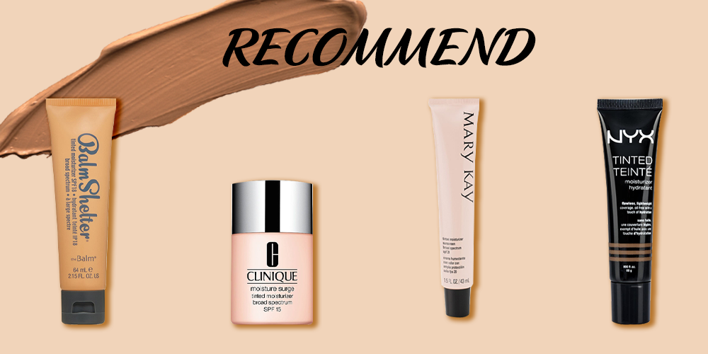 Bốn sản phẩm nền như BalmShelter, Clinique Moisture Surge, Mary Kay và NYX Tinted Moisturizer nằm trên nền màu cam nhạt, cùng với chữ "RECOMMEND" được viết nổi bật. Bài viết khám phá các loại kem nền giúp trang điểm tự nhiên, đơn giản và đẹp mắt, cung cấp kiến thức cần thiết cho người dùng.