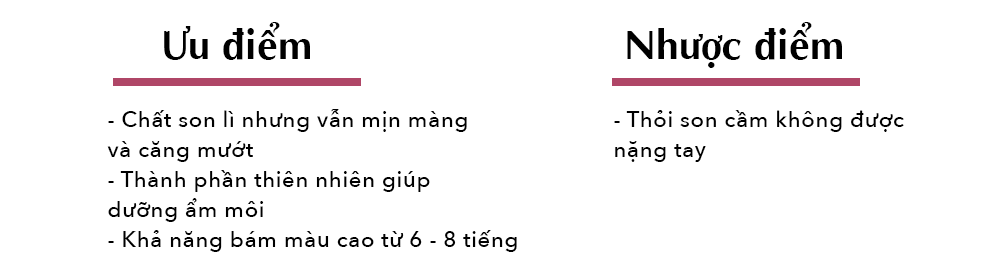 Ưu điểm và nhược điểm của các loại son môi trong bài viết "BEST CHOICE 2019: Top 5 son môi hot nhất mùa lễ hội cuối năm" trên Lixibox. Bài viết nêu rõ những đặc điểm nổi bật của các sản phẩm son môi, giúp phái đẹp lựa chọn cho mùa lễ hội.