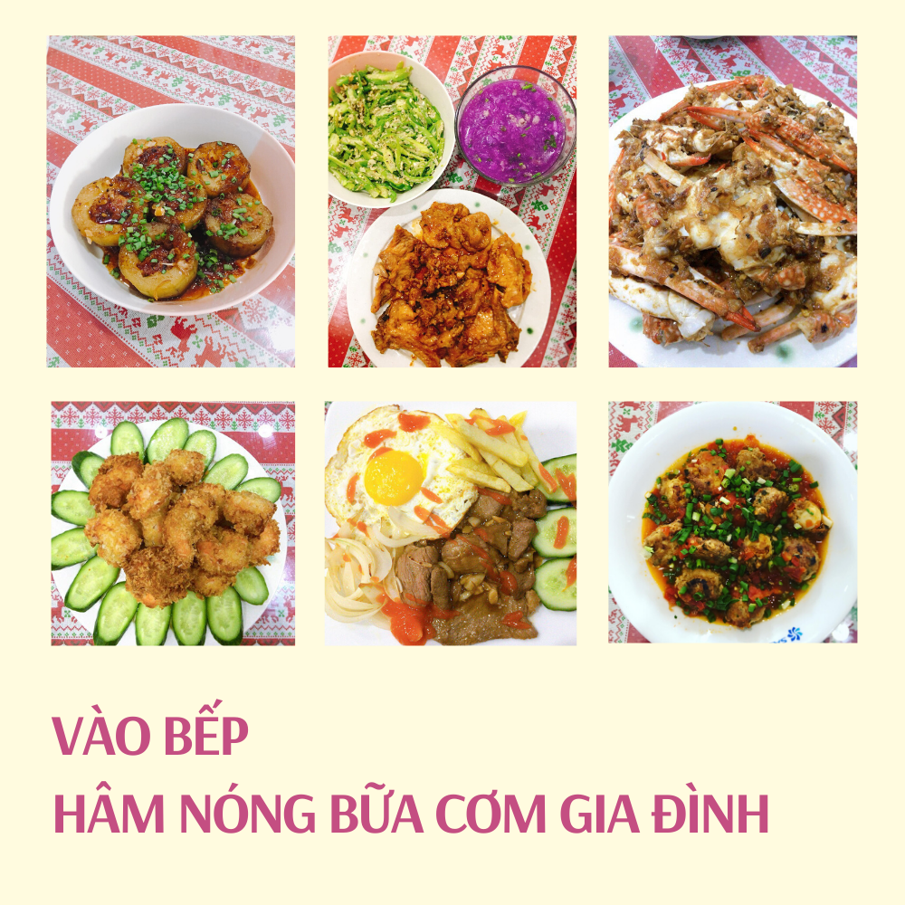 Bữa cơm gia đình đầy màu sắc với nhiều món ăn ngon, thể hiện sự ấm cúng và tinh thần thoải mái của mẹ bỉm sữa trong mùa Corona. Khám phá bí quyết tri thâm và sức khỏe khi ở nhà chống dịch Covid-19 cùng halio ion.