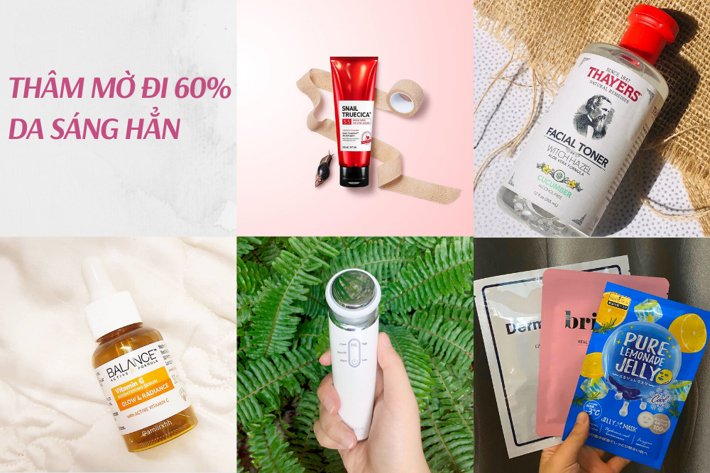 Mẹ bỉm sữa mùa Corona chia sẻ 6 bí quyết làm đẹp giúp da sáng hồng, giảm thâm và giữ tinh thần thoải mái, nổi bật với các sản phẩm làm đẹp như Thayers Facial Toner, serum Vitamin C và các mặt nạ giấy.