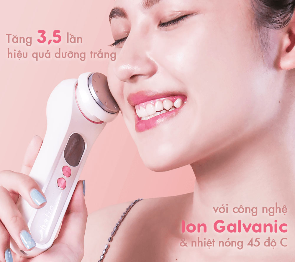 Máy đẩy tinh chất Halio Ion và Halio Ion Hot & Cool, tăng 3,5 lần hiệu quả dưỡng trắng với công nghệ Ion Galvanic và nhiệt nóng 45 độ C, mang lại làn da sáng khỏe.