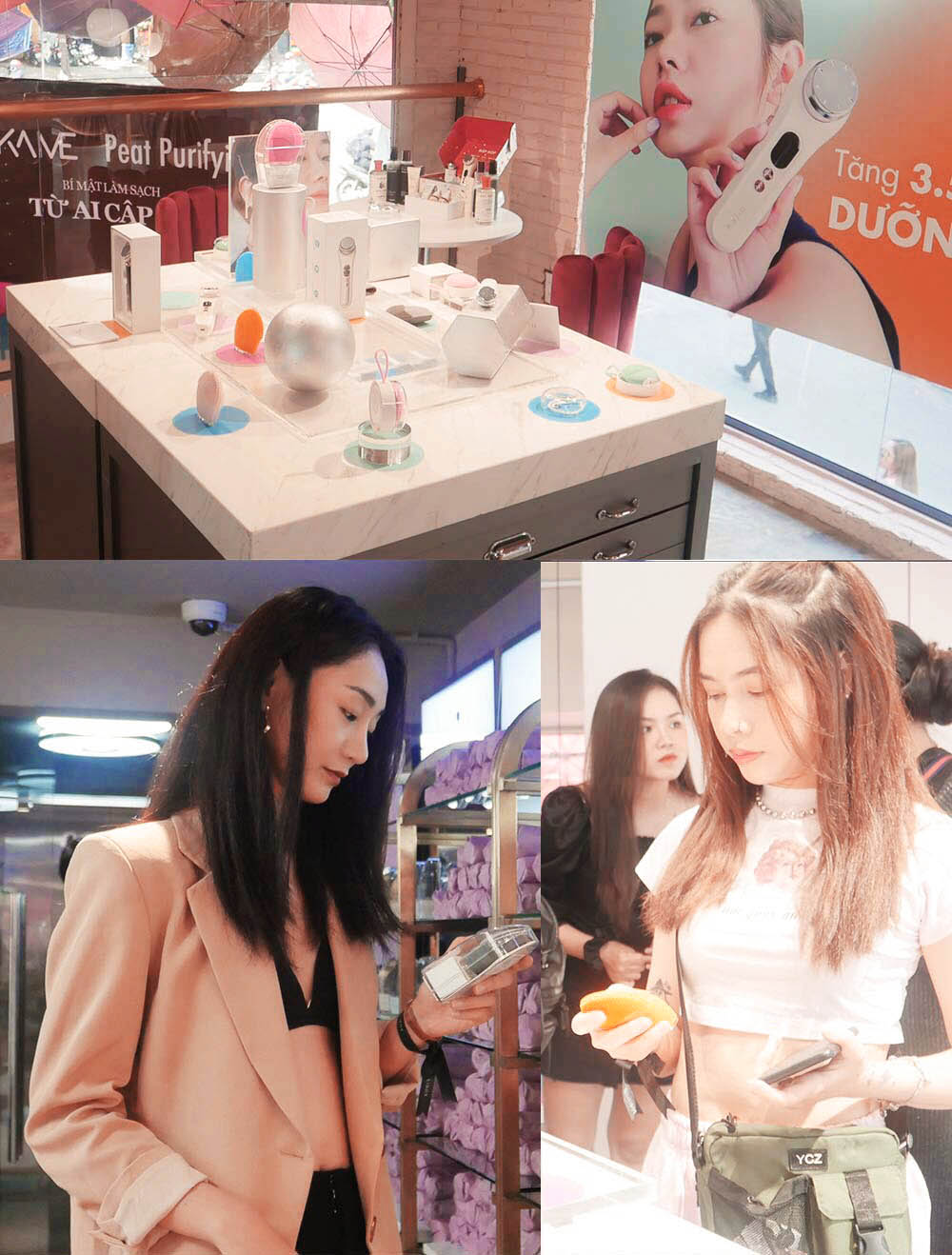 Hội "chân dài" Diệp Linh Châu, Thu Anh Hồ và Tuyết Như tại cửa hàng mỹ phẩm Lixibox Phan Xích Long, nơi nổi bật với nhiều thương hiệu làm đẹp đẳng cấp và không gian sống ảo xinh lung linh.