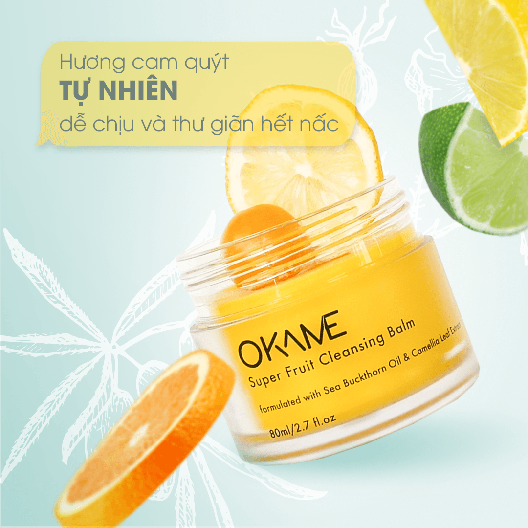 Sáp tẩy trang vàng tươi OKAME với Hắc Mai Biển, chứa vitamin C hỗ trợ chống lão hóa, an toàn cho mẹ bầu và làn da nhạy cảm. Hương cam quýt tự nhiên mang lại cảm giác thư giãn, dễ chịu.