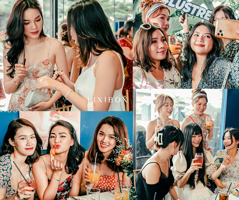 Buổi tiệc ra mắt sản phẩm mới của Lustre Makeup tại resort 5 sao, giới thiệu son dưỡng có màu & 5 lõi son thay thế. Các khách mời vui vẻ chụp hình và thưởng thức đồ uống, tạo nên không khí lễ hội cuối năm sôi động và hứng khởi.