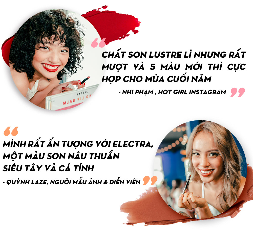 Bài viết về Lustre Makeup giới thiệu việc xây dựng resort cho tiệc ra mắt sản phẩm son dưỡng có màu, với phản hồi từ Nhi Phạm và Quỳnh Laze về chất son và màu sắc mới phù hợp cho mùa lễ hội cuối năm, đồng thời nhấn mạnh thương hiệu Lustre Makeup và Lixibox.