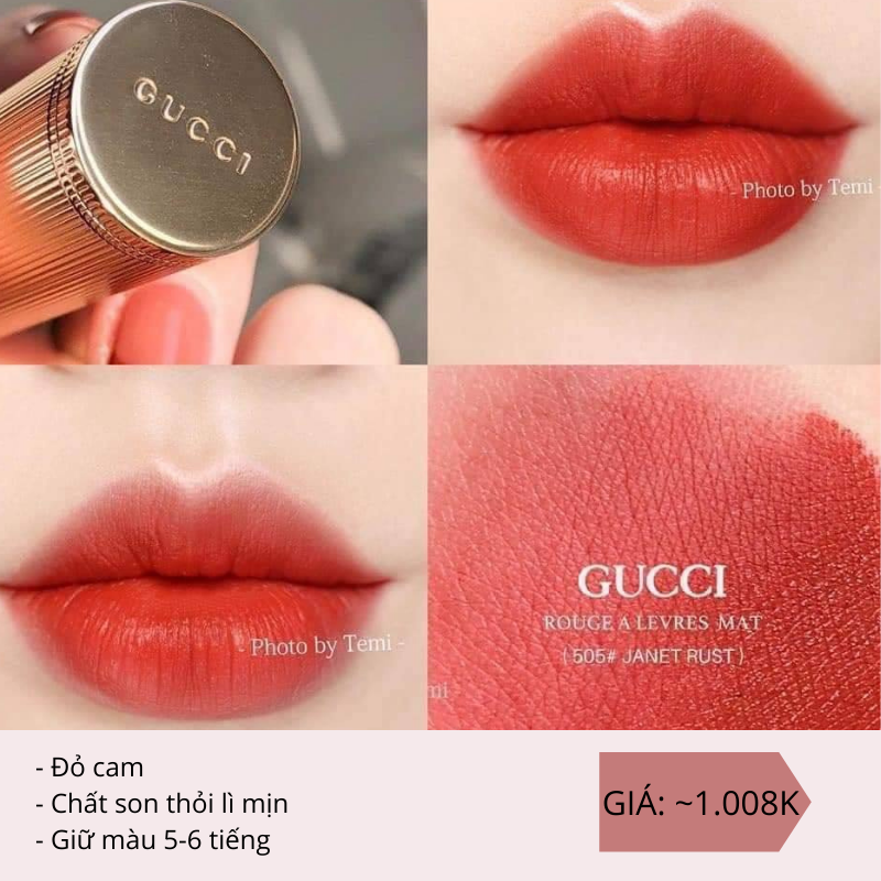 Thỏi son Gucci Rouge À Lèvres Mat 506# Janet Rust mang tông đỏ cam, chất son lì mịn, giữ màu 5-6 tiếng. Cùng khám phá 5 thỏi son đỏ cho năm mới thật xịn tại Lixibox, với các thương hiệu nổi tiếng như Tom Ford, Fenty Beauty, Giorgio Armani.