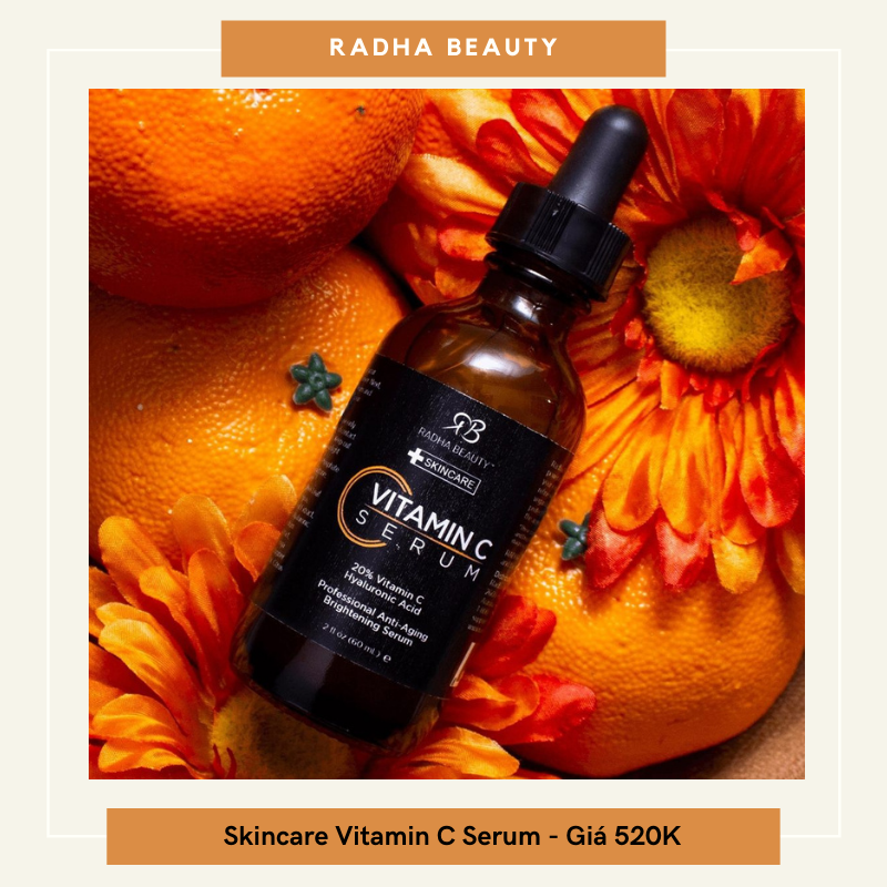 Skincare Vitamin C Serum của Radha Beauty nổi bật trên nền hoa và cam tươi, hỗ trợ dưỡng trắng da hiệu quả giá 520K. Tìm hiểu thêm về mỹ phẩm dưỡng da tại Lixibox và sở hữu làn da trắng hồng chỉ trong 2 tuần.