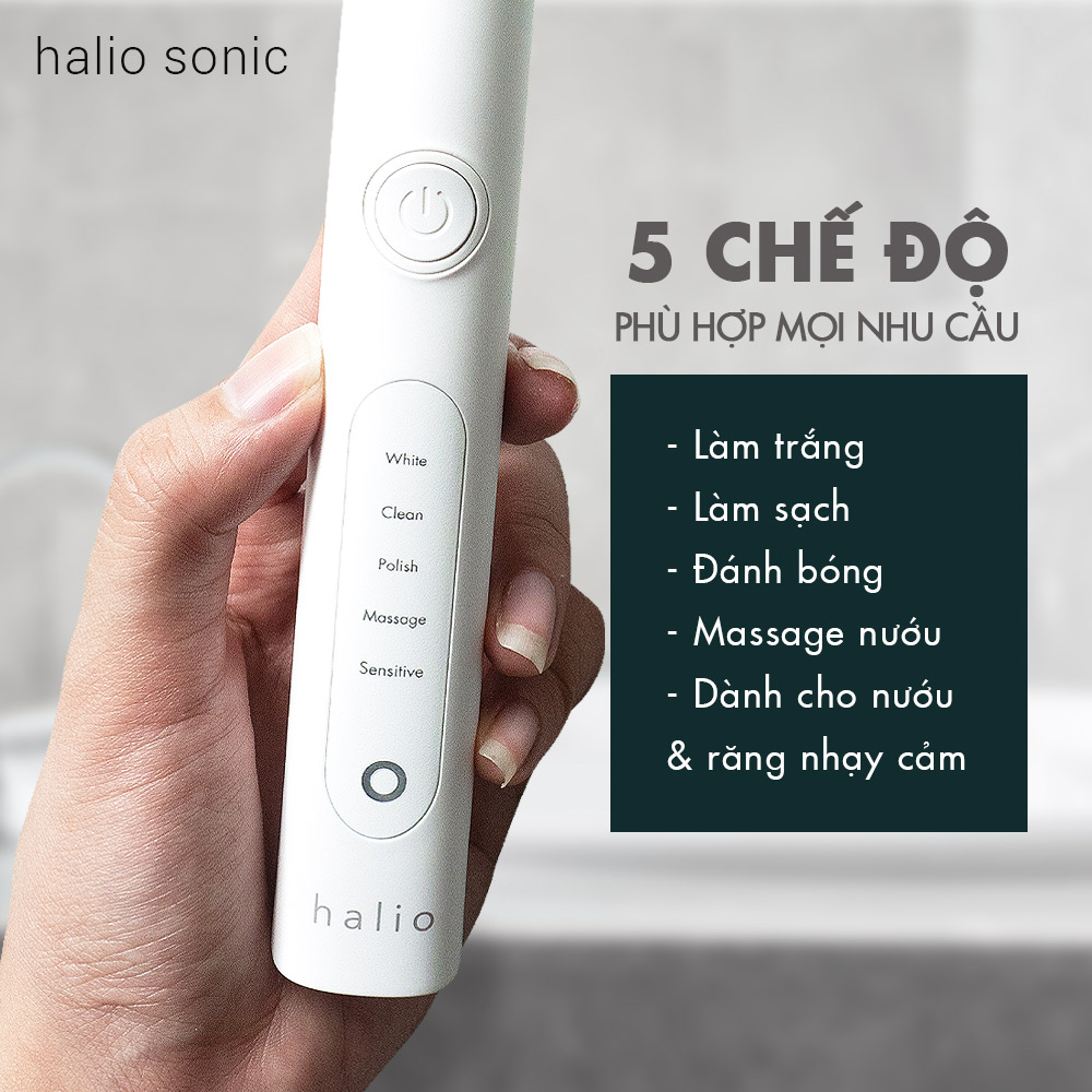 Bàn chải điện Halio Sonic PRO với 5 chế độ làm trắng, làm sạch, đánh bóng, massage nướu và dành cho nướu & răng nhạy cảm. Tìm hiểu thêm về ưu điểm của bàn chải điện Halio Sonic trong việc cải thiện sức khoẻ răng miệng.