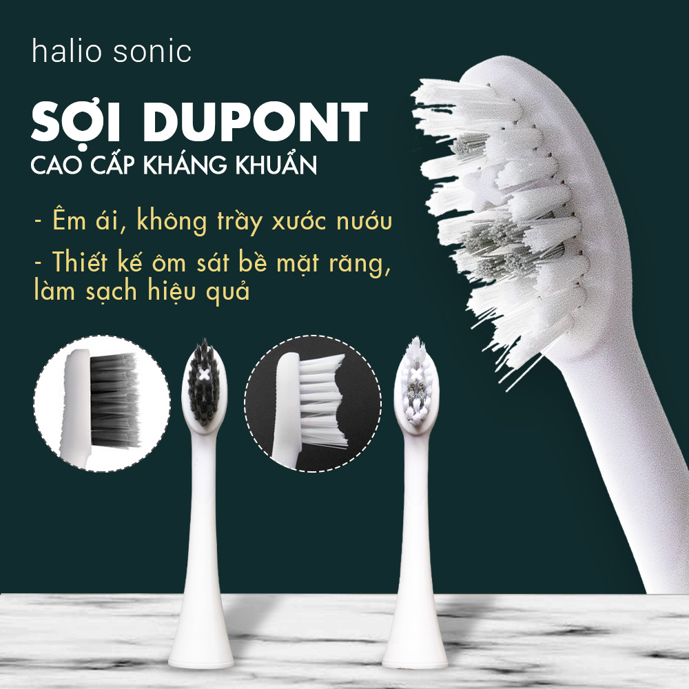 Bàn chải điện Halio Sonic với đầu bàn chải Sợi Dupont cao cấp kháng khuẩn, thiết kế ôm sát bề mặt răng, hiệu quả làm sạch vượt trội. Đầu bàn chải êm ái, không gây xước nướu, mang đến trải nghiệm làm sạch răng tối ưu cho sức khỏe răng miệng.