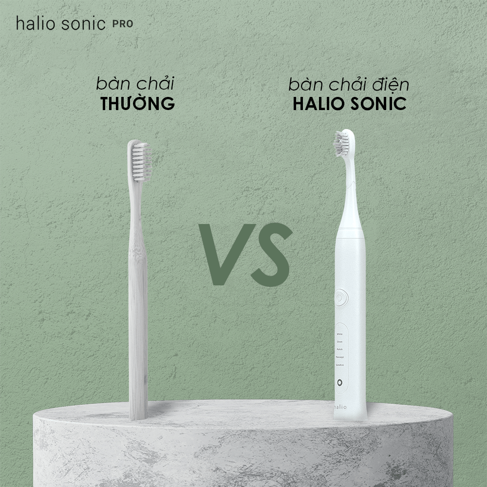 Bàn chải đánh răng thường so với bàn chải điện Halio Sonic PRO. Bài viết phân tích lợi ích của bàn chải điện Halio Sonic trong việc giảm nguy cơ sâu răng và cải thiện sức khỏe răng miệng.