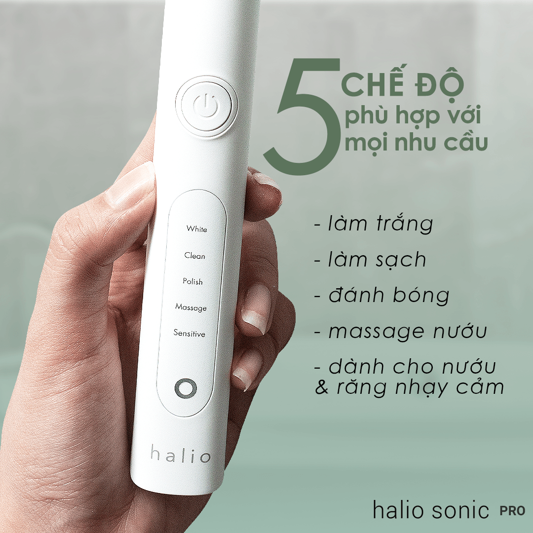 Bàn chải điện Halio Sonic PRO với 5 chế độ chuyên biệt: làm trắng, làm sạch, đánh bóng, massage, và dành cho nướu & răng nhạy cảm. Khám phá bài viết để hiểu rõ hơn về lợi ích của bàn chải điện so với bàn chải thường.