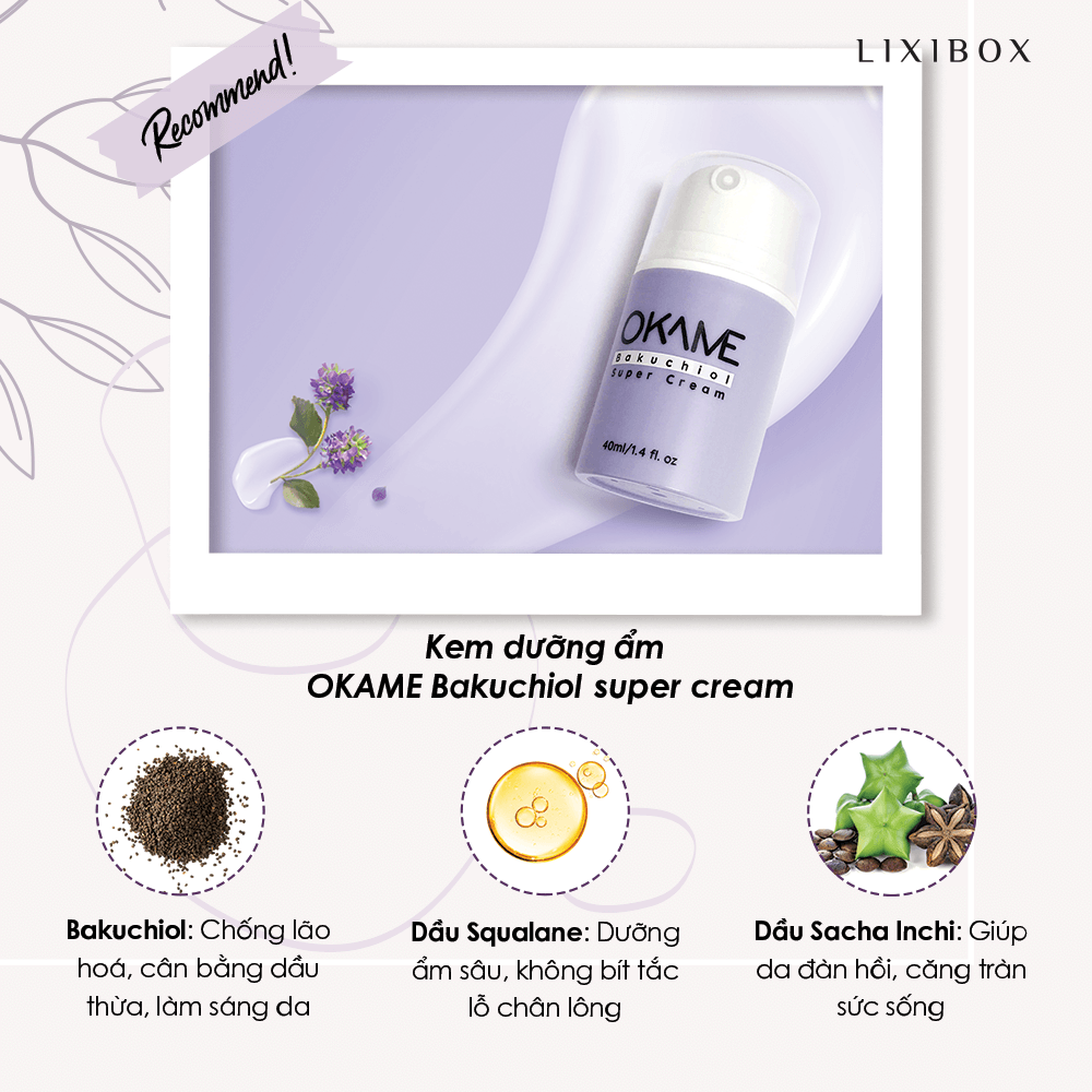 Kem dưỡng ẩm OKAME Bakuchiol super cream giúp trị mụn, chống lão hóa hiệu quả cho da nhạy cảm. Với thành phần Bakuchiol, Squalane, và Sacha Inchi, sản phẩm an toàn, lành tính, phù hợp cho mọi loại da.