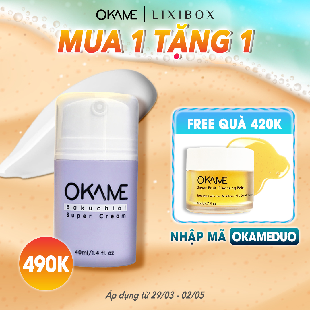 Khám phá ưu đãi từ Lixibox với sản phẩm OKAME Bakuchiol Super Cream, giá 490K, đi kèm quà tặng Super Fruit Cleansing Balm trị giá 420K. Áp dụng từ 29/03 đến 02/05, săn deal 1K, freeship cho dân săn sale.