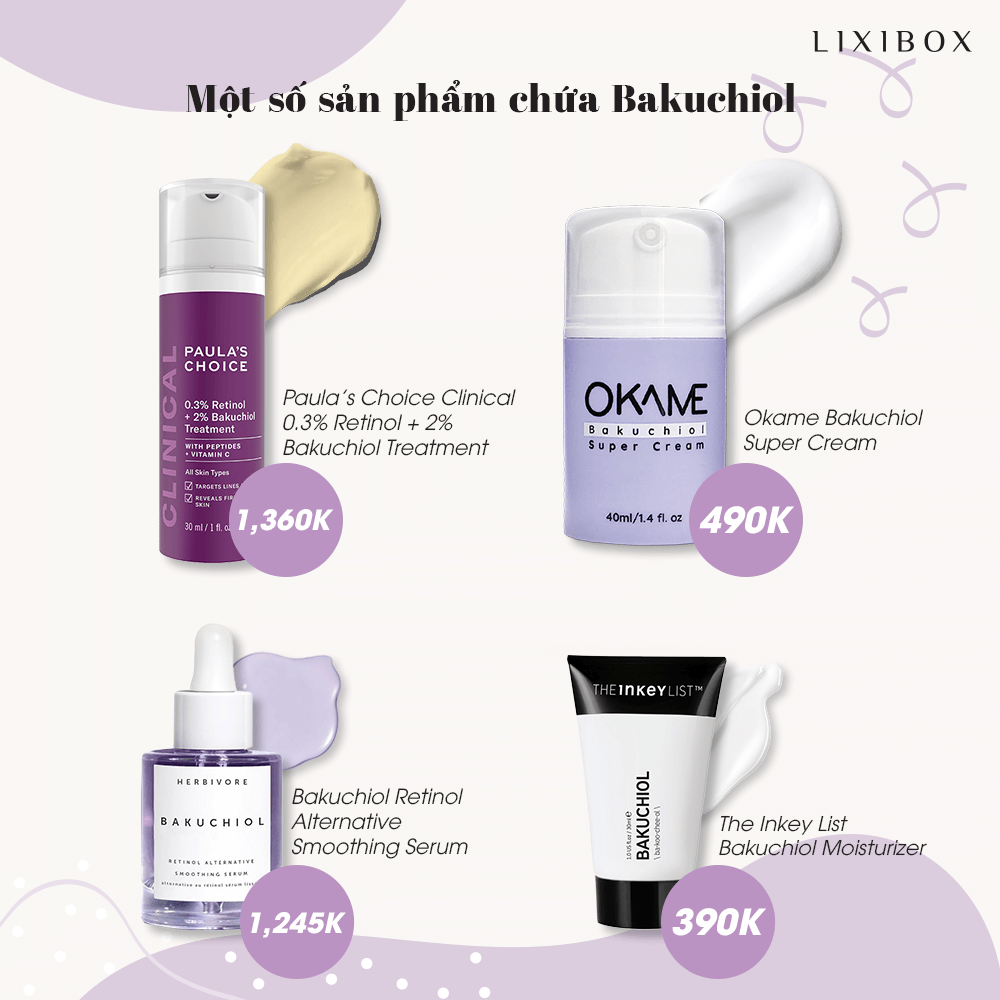 Bảng sản phẩm chứa Bakuchiol, lựa chọn thay thế Retinol cho làn da nhạy cảm. Gồm các sản phẩm như Paula's Choice Clinical Retinol Treatment, OKAME Bakuchiol Super Cream, Bakuchiol Smoothing Serum của Herbivore và The Inkey List Bakuchiol Moisturizer.