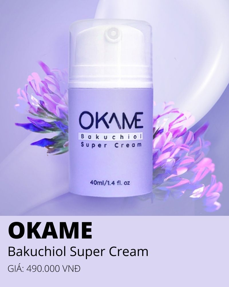 OKAME Bakuchiol Super Cream giúp kiểm soát dầu thừa, thu nhỏ lỗ chân lông cho da dầu. Giá: 490.000 VNĐ. Sản phẩm sử dụng AHA/BHA và các chiết xuất tốt cho làn da, giúp cải thiện tình trạng da mạnh mẽ.