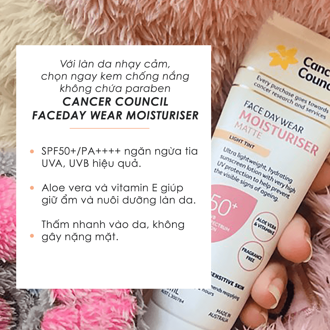 Kem chống nắng Cancer Council Faceday Wear Moisturiser SPF50+/PA++++ ngăn ngừa tia UV hiệu quả, giữ ẩm và nuôi dưỡng làn da với aloe vera và vitamin E. Lý tưởng cho mùa hè, bảo vệ làn da trước tia UV.