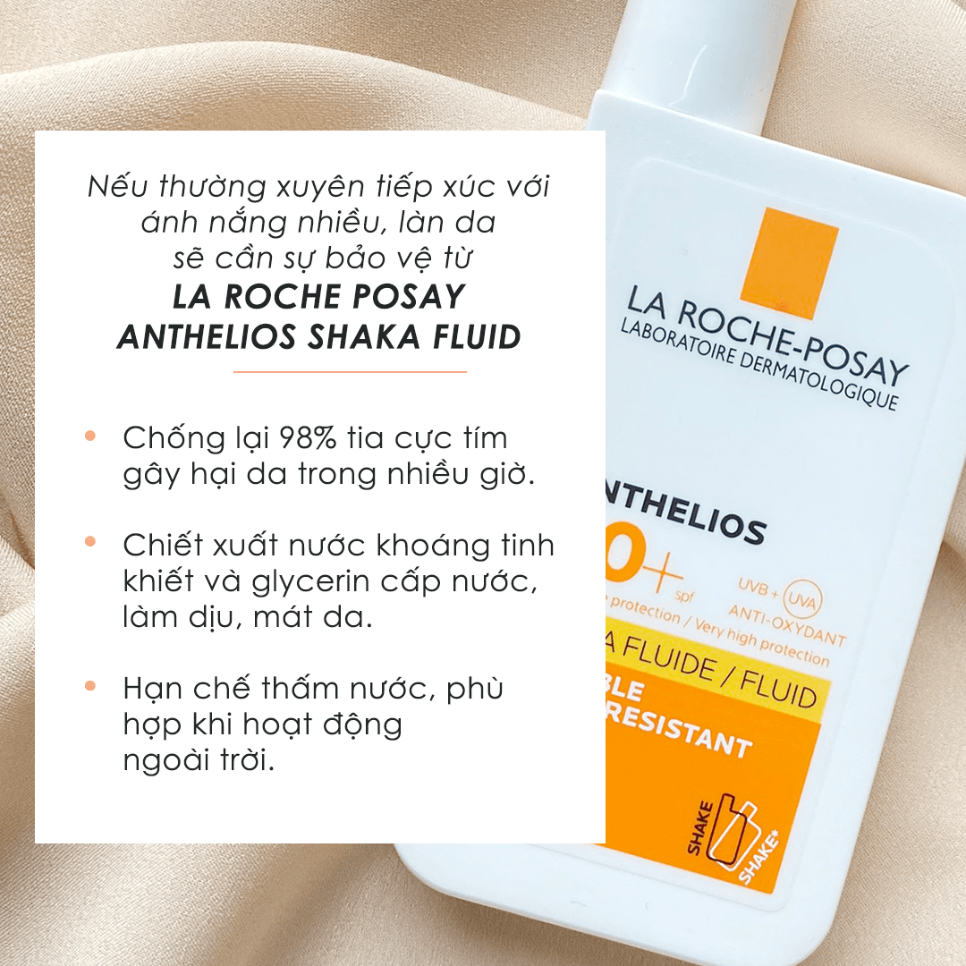 La Roche-Posay Anthelios Shaka Fluid chống lại 98% tia cực tím, cung cấp độ ẩm và làm dịu da, hoàn hảo cho mùa hè. Sản phẩm bảo vệ da khỏi tác hại của ánh nắng, lý tưởng cho dưỡng da hằng ngày.