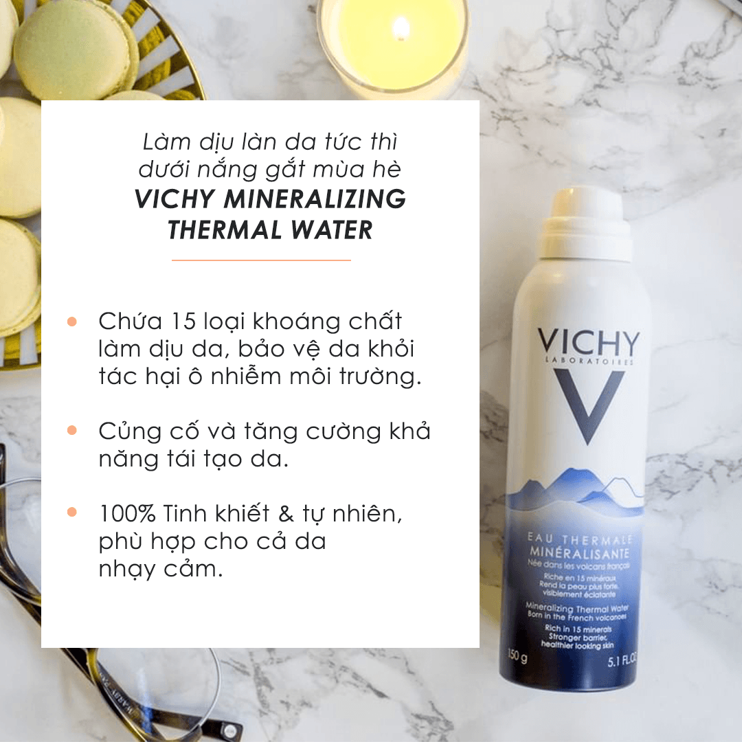 Vichy Mineralizing Thermal Water giúp làm dịu làn da dưới nắng hè, chứa 15 loại khoáng chất bảo vệ da khỏi tác hại môi trường, và tăng cường tái tạo da, phù hợp cho làn da nhạy cảm.
