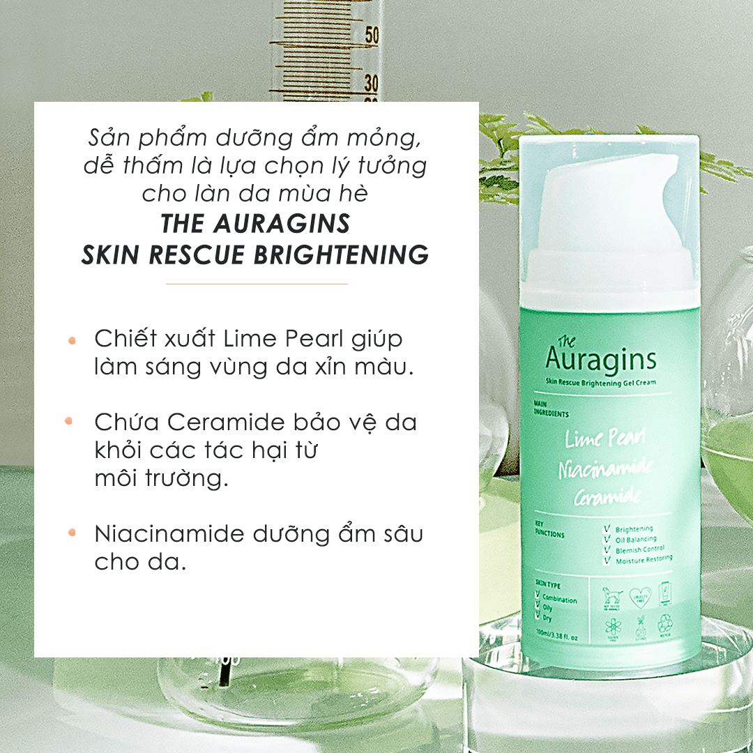 Sản phẩm dưỡng ẩm "The Auragins Skin Rescue Brightening" với chiết xuất Lime Pearl giúp làm sáng da. Chứa Ceramide bảo vệ da khỏi tác hại môi trường và Niacinamide dưỡng ẩm sâu. Thích hợp cho mùa hè với các chức năng làm sáng, cân bằng độ ẩm, và phục hồi da.