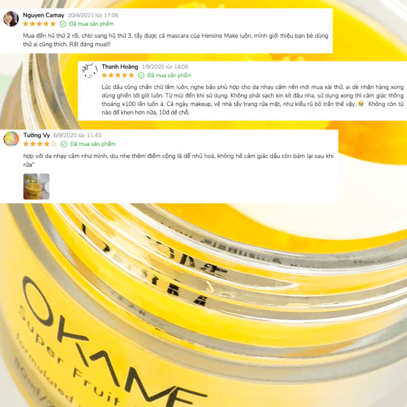 Sáp tẩy trang vàng tươi OKAME Super Fruit gây ấn tượng với thiết kế đẹp mắt và thành phần an toàn cho làn da nhạy cảm. Khách hàng đánh giá sản phẩm hiệu quả trong việc tẩy trang cả mascara Heroine Make.
