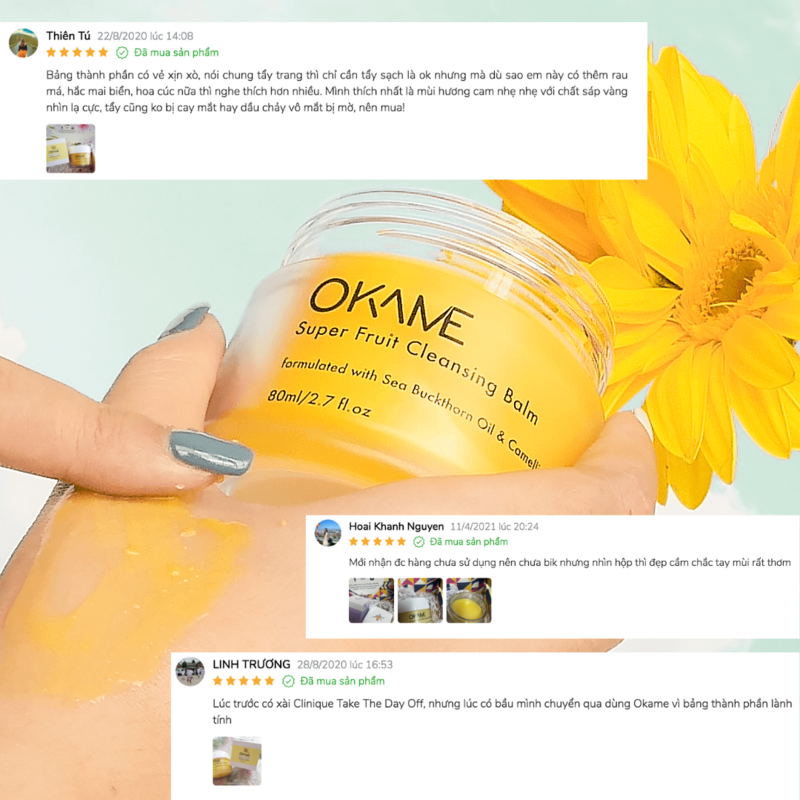 Sáp tẩy trang vàng tươi OKAME Super Fruit với thành phần lành tính, đánh bay mascara và make-up dễ dàng. Khách hàng chia sẻ trải nghiệm tích cực về sản phẩm trong bài viết review về sáp tẩy trang.