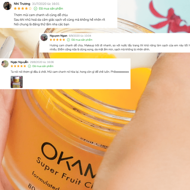 Góc review sản phẩm sáp tẩy trang vàng tươi OKAME Super Fruit, mang đến trải nghiệm tẩy trang lành tính và hiệu quả, được khách hàng khen ngợi nhờ vào thành phần an toàn cho da nhạy cảm.