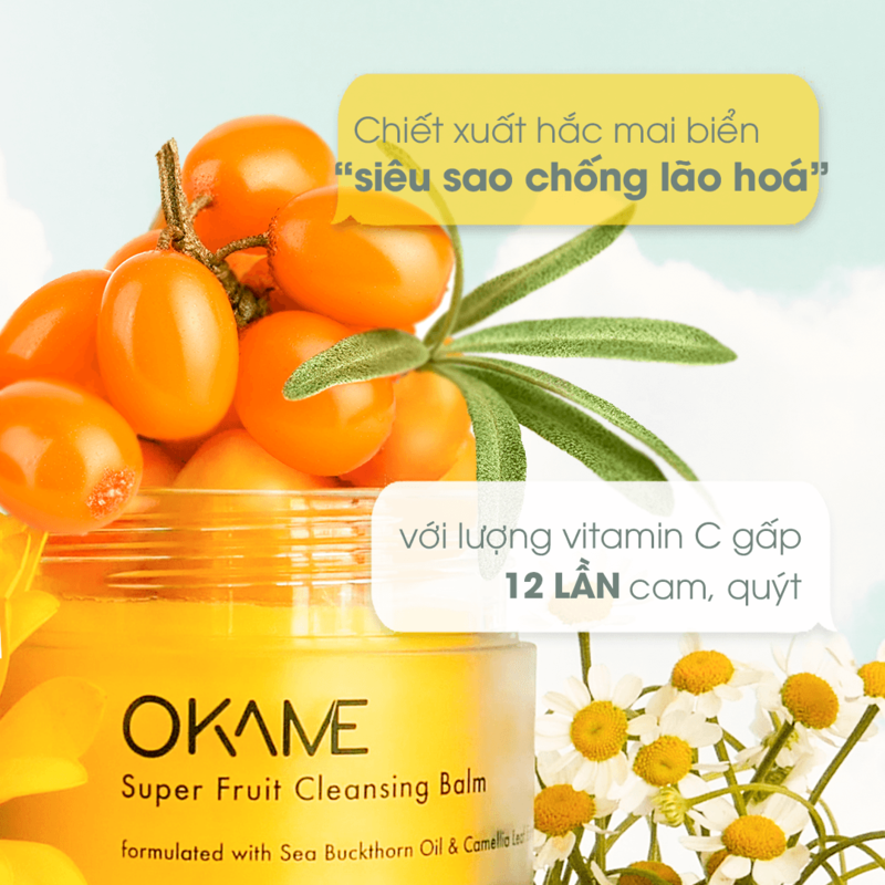 Sáp tẩy trang vàng tươi OKAME Super Fruit với chiết xuất hắc mai biển "siêu sao chống lão hóa", giàu vitamin C gấp 12 lần cam quýt, lành tính cho da nhạy cảm. Xem review sản phẩm tẩy trang này từ khách hàng.