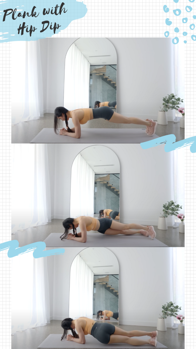 Bài tập Plank với Hip Dip, giúp rèn luyện cơ bụng 11 chuẩn idol Hàn. Hướng dẫn bởi Chloe Ting và Emmy Wong, chỉ với 5 động tác đơn giản để sở hữu vòng eo săn chắc tự tin hơn khi diện bikini.