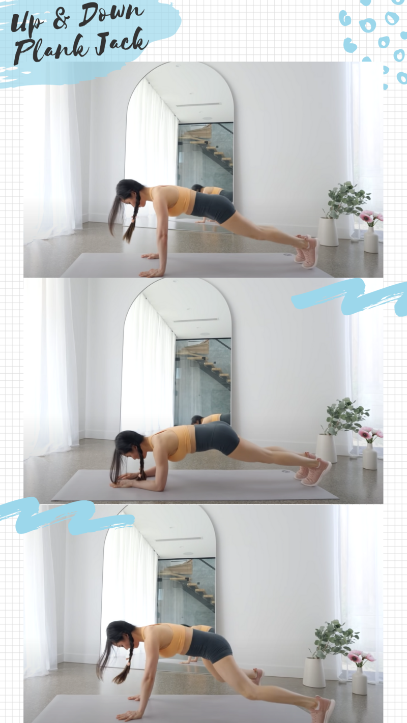 Luyện tập với bài "Up & Down Plank Jack" nhằm sở hữu cơ bụng 11 chuẩn idol Hàn. Học theo Chloe Ting và Emmy Wong để có vòng eo săn chắc, tự tin diện croptop và bikini chỉ với 5 động tác đơn giản mỗi ngày.