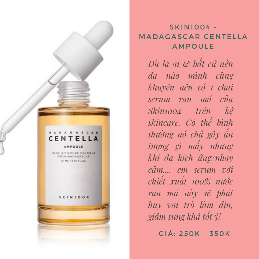 Top 5 serum dưới 350k cấp ẩm, phục hồi cho da nhạy cảm. Chai serum rau má Skin1004 với chiết xuất 100% nước rau má, giúp làm dịu da, phục hồi hiệu quả cho làn da nhạy cảm, phù hợp với người yêu thích skincare tiết kiệm.