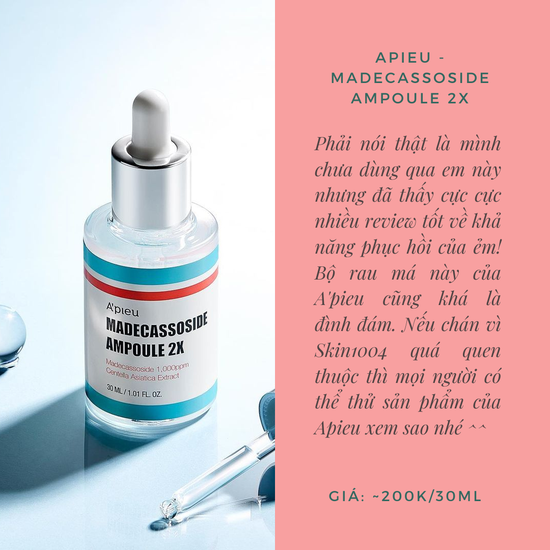 Serum A'pieu Madecassoside Ampoule 2X, giá khoảng 200k cho 30ml, cung cấp ẩm và phục hồi cho da nhạy cảm. Sản phẩm được khuyên dùng cho làn da dễ kích ứng, giúp làn da khỏe mạnh và căng mướt.