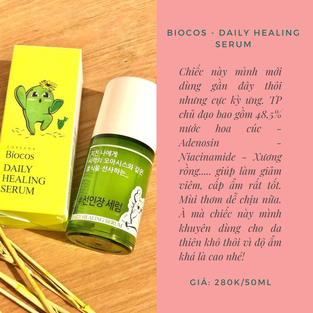 Top 5 serum dưới 350k cung cấp độ ẩm, phục hồi nhanh chóng cho làn da nhạy cảm. Serum Biocos - Daily Healing với 48,5% nước hoa cúc, Adenosin và Niacinamide giúp giảm viêm, cấp ẩm hiệu quả. Giá: 280k/50ml, rất phù hợp cho da nhạy cảm.