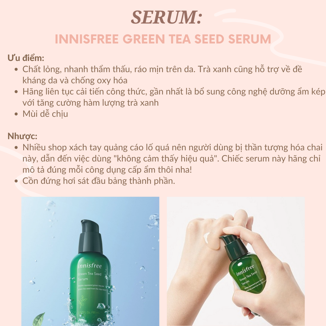 Tạm biệt da dầu mụn với 5 bước dưỡng da cực đơn giản. Bài viết nhấn mạnh ưu điểm và nhược điểm của serum Innisfree Green Tea Seed với các thành phần hỗ trợ làm giảm dầu, ngừa mụn và làm sáng da.